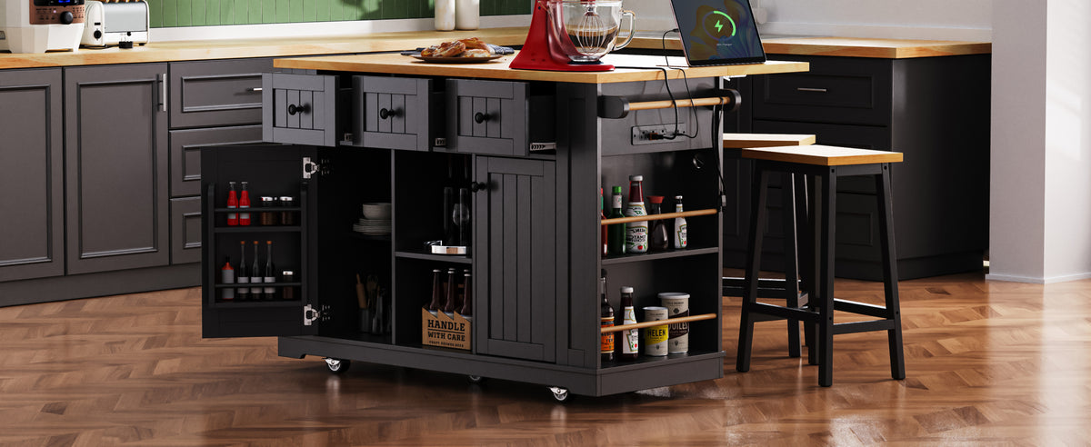 K&K 53inch Large Kitchen Island with 2 Bar Stools, Power Outlet,Door Internal Storage Rack, Kitchen Storage Cart on 5 Wheels with Drop Leaf, 5 Open Side Racks, 3 Drawers, for Kitchen,Dining Room,Black N707S000007B-djyc