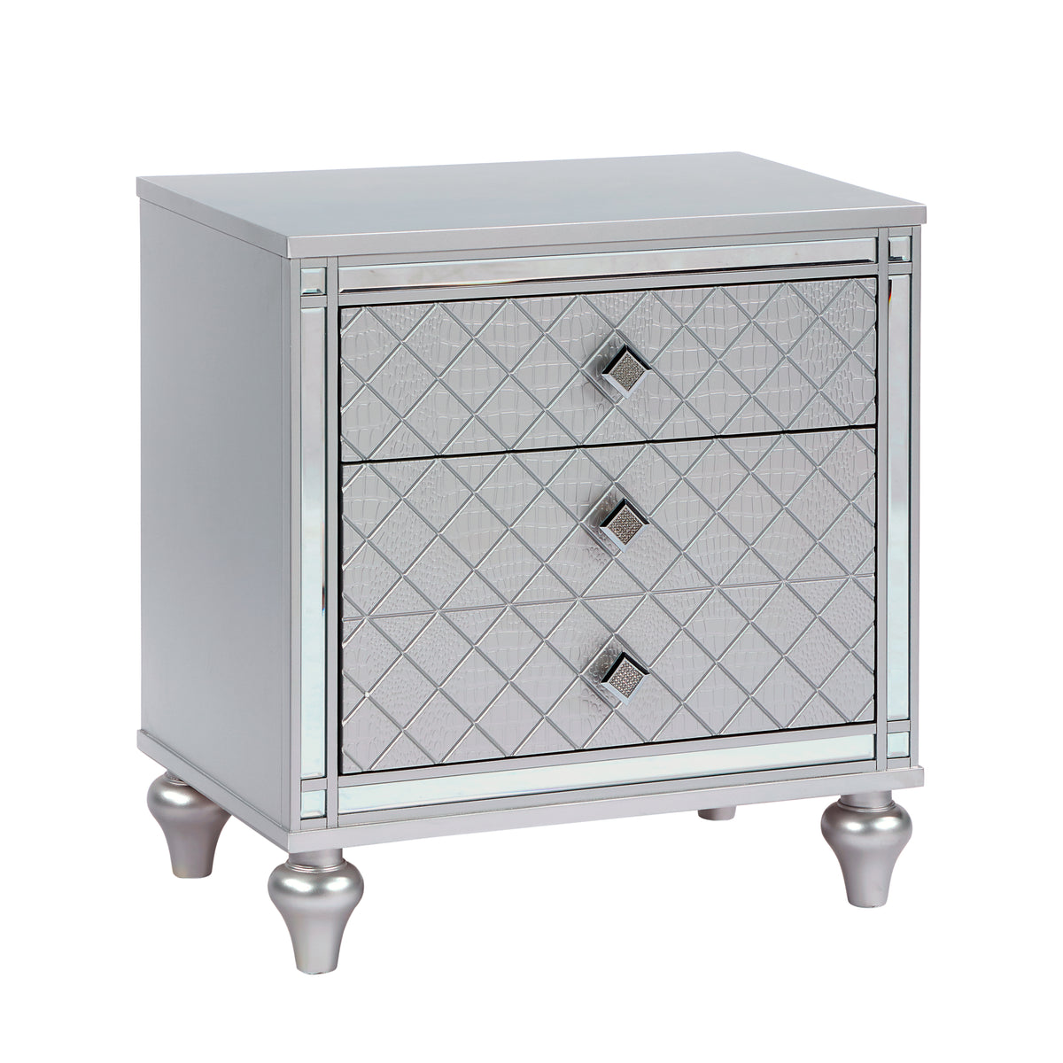 Contemporary Nightstands with mirror frame accents, Bedside Table with two drawers and one hidden drawer, End Table with Crystal Pull for Living Room,Bedroom, Silver W1998131731-djyc