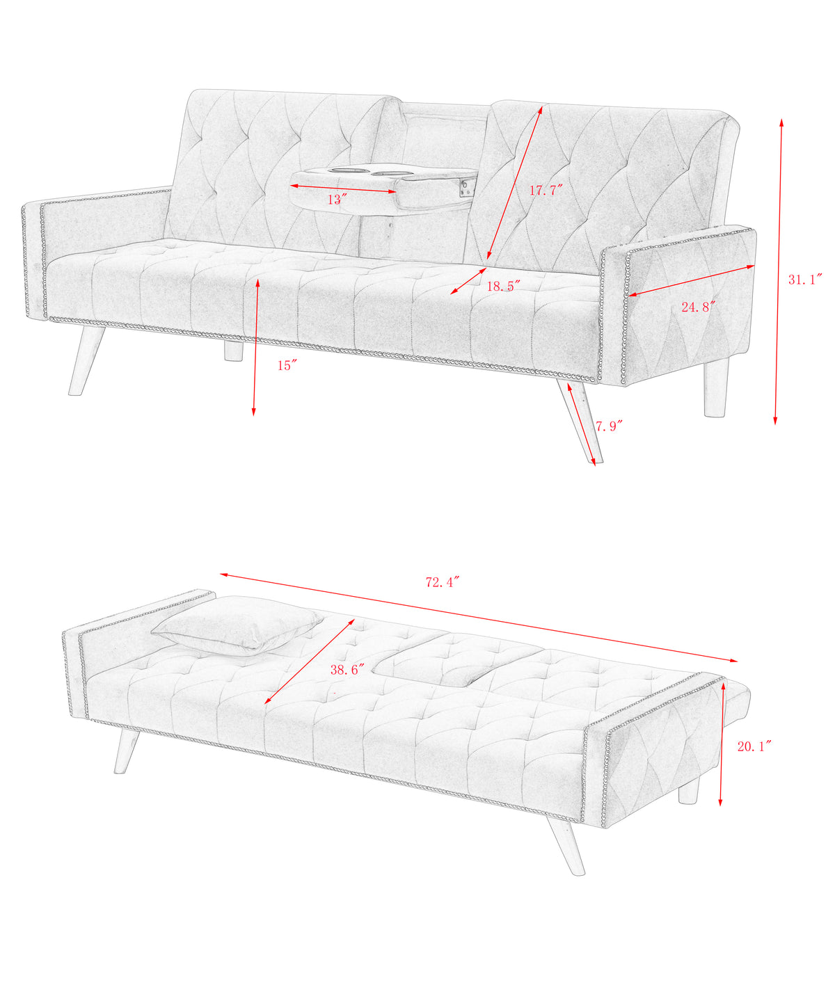 1730 Sofa Bed Armrest with Nail Head Trim with Two Cup Holders 72" Pink Velvet Sofa for Small Spaces W127850868-djyc