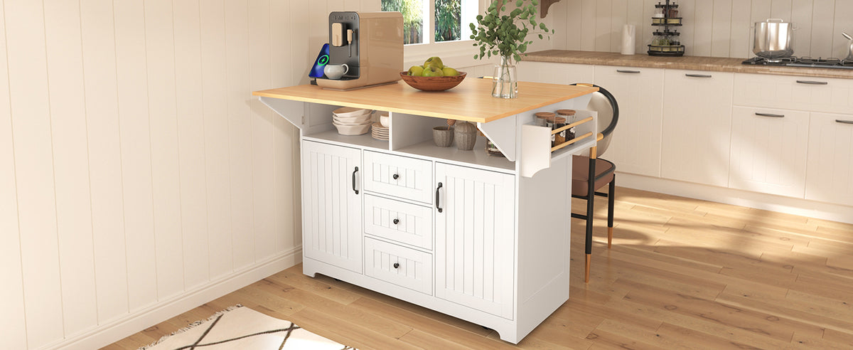 K&K 55.7'' Large Kitchen Island with 2 Drop Leaf,, Rolling Kitchen Cart on 5 Wheels with Power Outlet, Folding Storage Dining Table with Spice & Towel Rack , 3 Drawers, for Kitchen, Dining Room,White N707P186617W-djyc