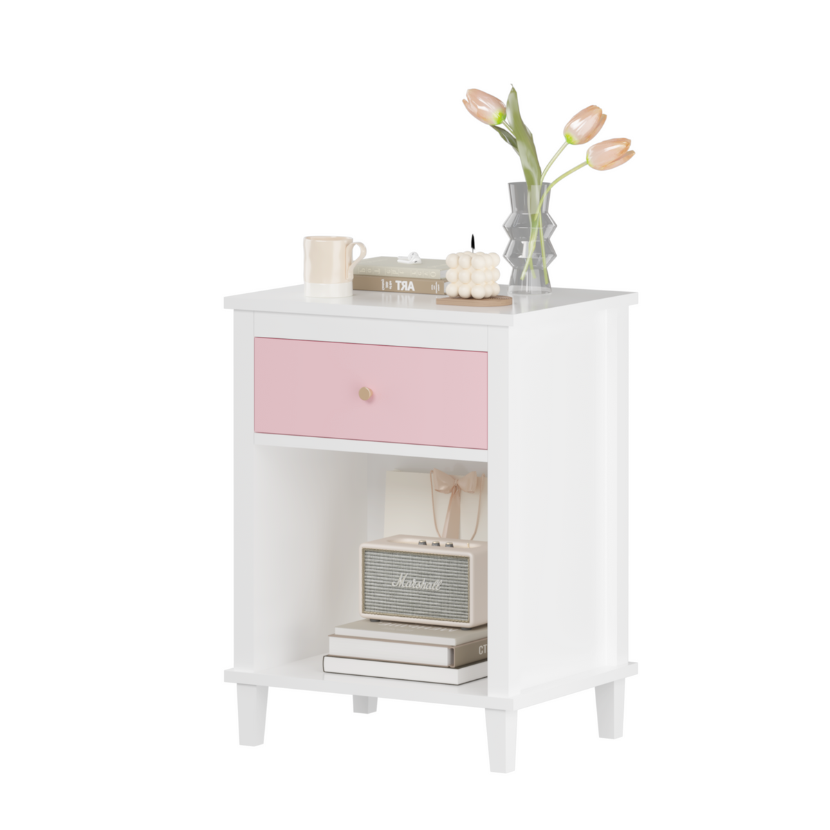 26.77''H Wooden Nightstand with One Drawer One Shelf for Kids, Adults, Pink W80859135-djyc