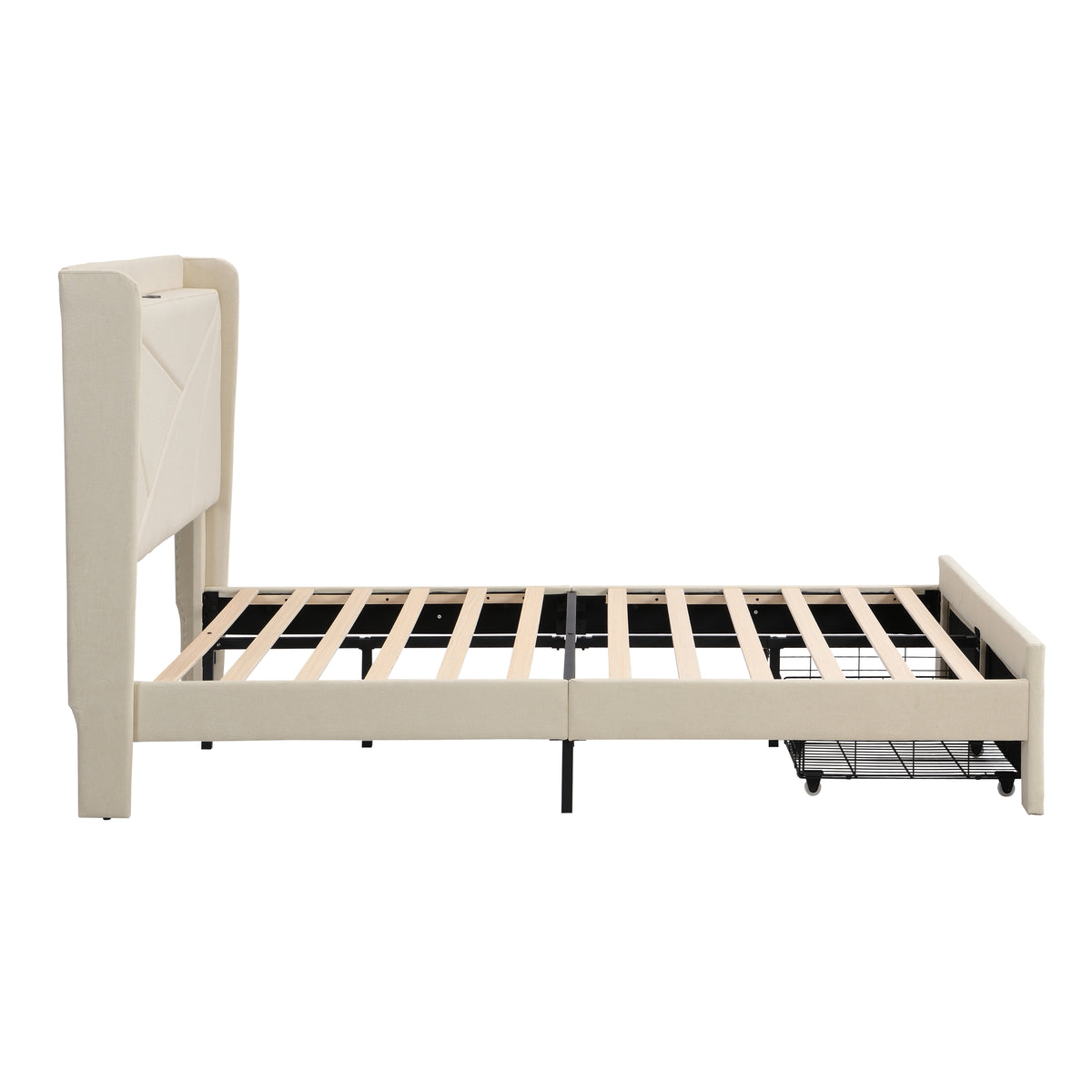 Full Size Bed Frame with 2 Storage Drawers, Upholstered Bed Frame with Wingback Headboard Storage Shelf Built-in USB Charging Stations and Strong Wood Slats Support, No Box Spring Needed, Beige W1916126256-djyc