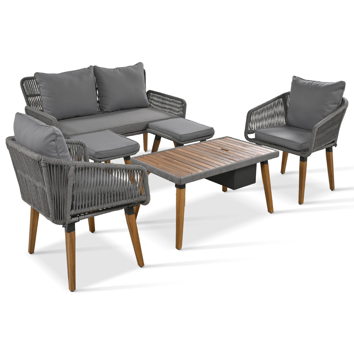 K&K 6-Piece Rope Patio Furniture Set, Outdoor Furniture with Acacia Wood Cool Bar Table with Ice Bucket , Deep Seat Patio Conversation Set with Two Stools for Backyard Porch Balcony (Grey) SK000005AAE-djyc