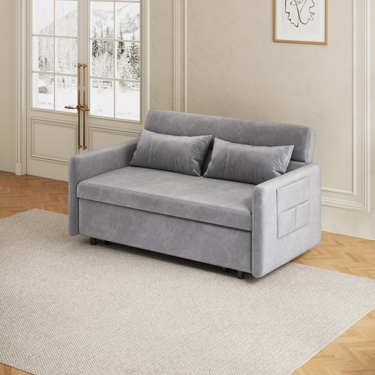 Sofa Pull Out Bed Included Two Pillows 54" Grey Velvet Sofa for Small Spaces W1278125091-djyc