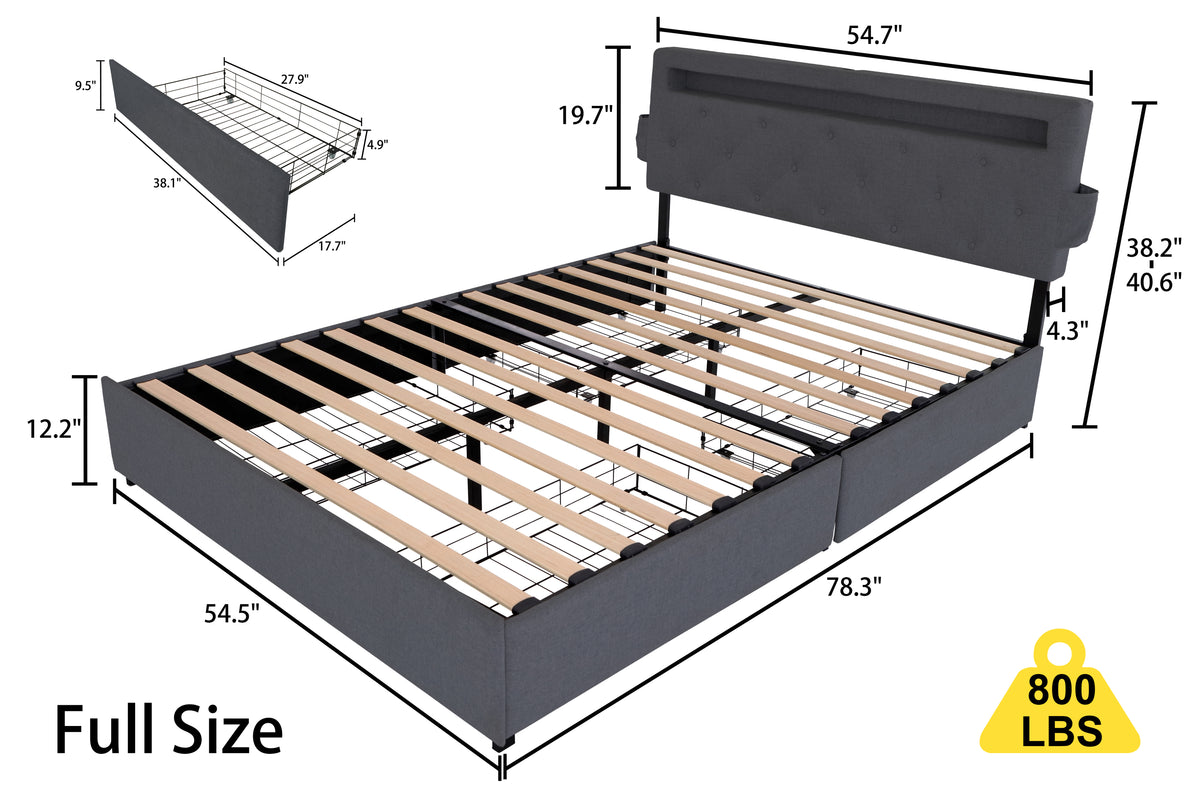 Full Bed Frame with USB Charging Station & LED Lights, Full Bed Frame with Headboard & 4 Storage Drawers, D W1960P175564-djyc