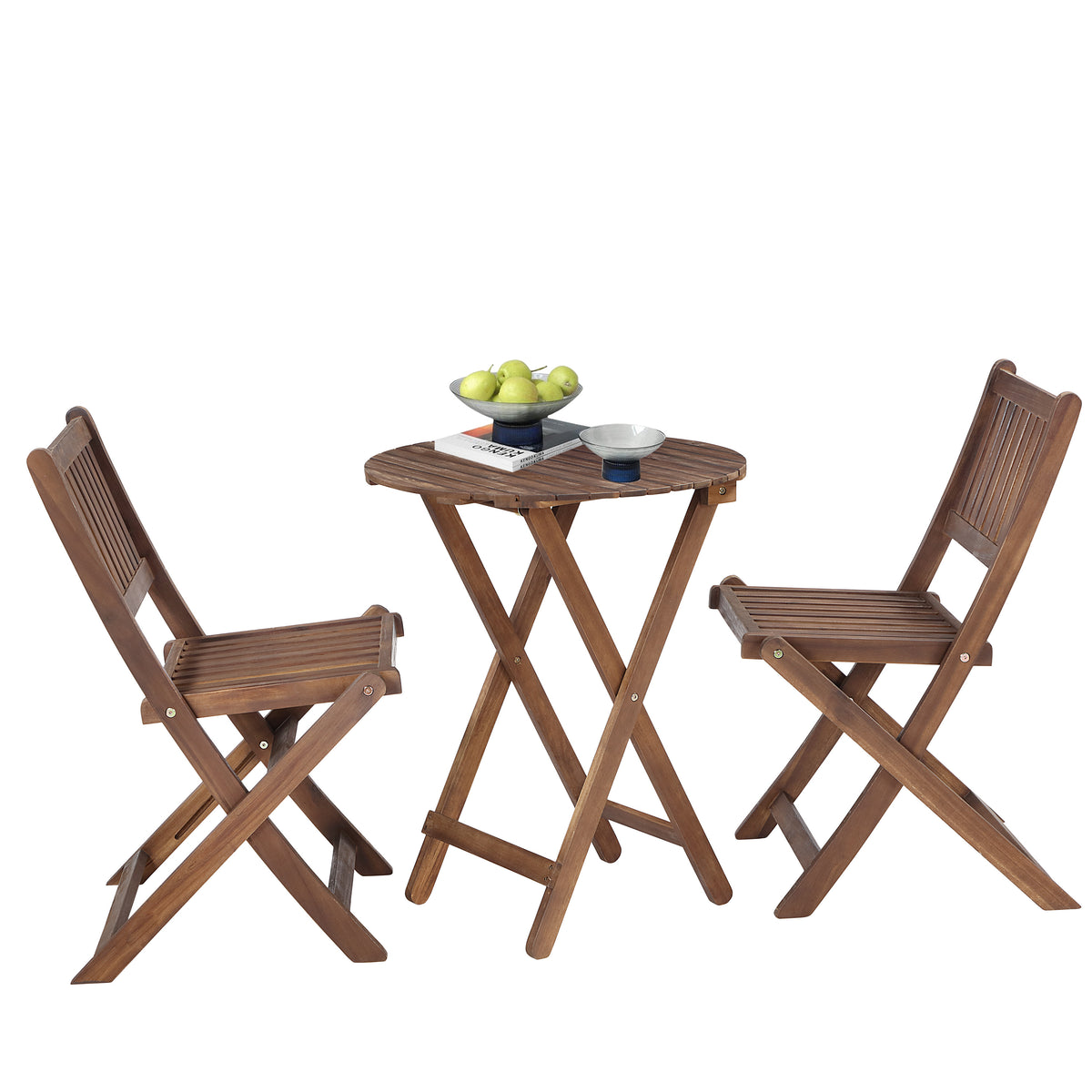 3-Piece Acacia Wood Bistro Set, Wooden Folding Patio Furniture for Garden Backyard Balcony Porch w/ 1 Coffee Table and 2 Foldable Chairs, Natural Stained W2640P209682-djyc