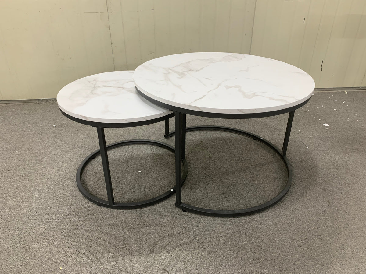 Nesting Coffee Table Set of 2, 27.6inch Round Coffee Table Wood Marble Pattern Top with Sturdy Metal Frame, End Table Side Tables for Living Room Bedroom Balcony Yard (White) W808P176725-djyc