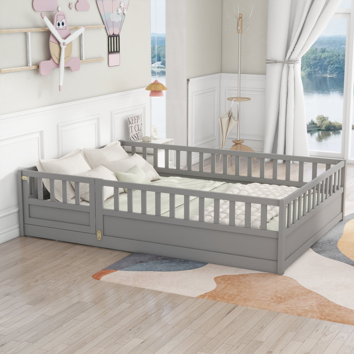 Full sizeFloor bed, integral construction with super high security barrier, door, children's floor bed frame, Montessori wooden children's floor bed, Support slat Grey W1858P164944-djyc