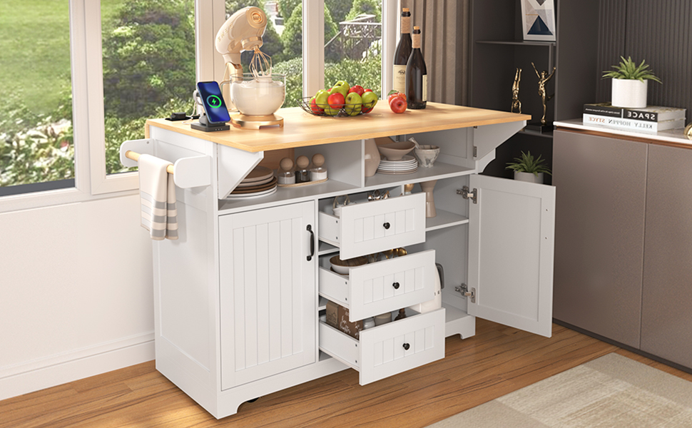 K&K 55.7'' Large Kitchen Island with 2 Drop Leaf,, Rolling Kitchen Cart on 5 Wheels with Power Outlet, Folding Storage Dining Table with Spice & Towel Rack , 3 Drawers, for Kitchen, Dining Room,White N707P186617W-djyc