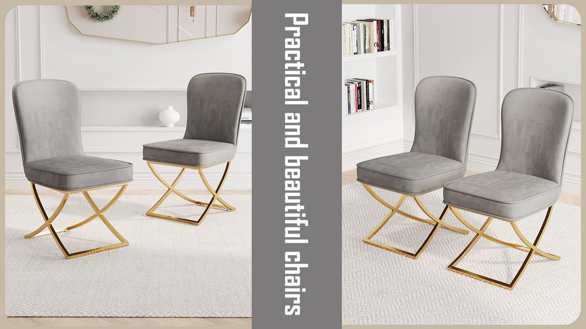 Dining Chair Set of 2, grey velvet Backrest and golden Metal legs.For Modern Kitchen Dining Room Chair for Kitchen Living Modern decorative Leisure chairs Office chairs W1727P195279-djyc