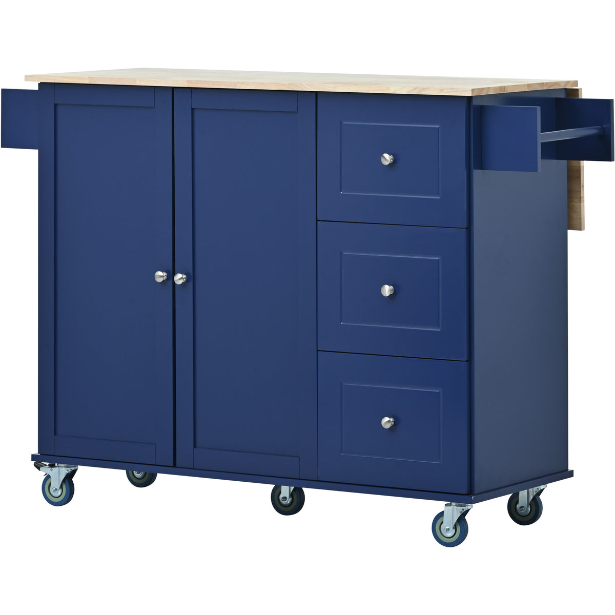 Rolling Mobile Kitchen Island with Drop Leaf - Solid Wood Top, Locking Wheels & Storage Cabinet 52.7 Inch Width(Dark blue) WF287035AAN-djyc