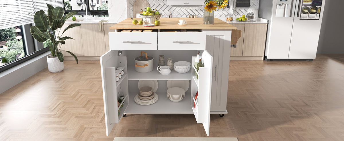 K&K Kitchen Island with Drop Leaf, Kitchen Storage Cart with 3 Tier Pull Out Cabinet Organizer, Internal Storage Rack, Rolling Kitchen Cart on Wheels with Towel Rack, 2 Drawers, for Kitchen, White WF531421AAW-djyc