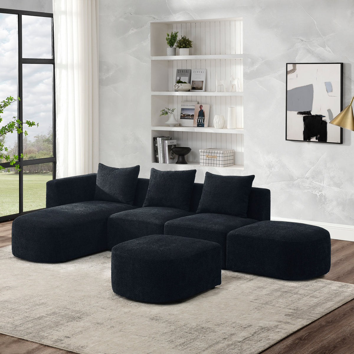 L Shape Sectional Sofa including Two Single Seats, Left Side Chaise and Two Ottomans, Modular Sofa, DIY Combination, Loop Yarn Fabric, Black W487S00156-djyc