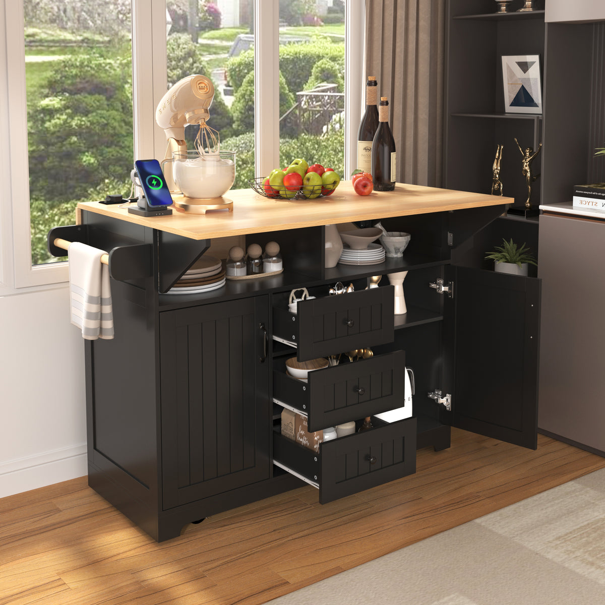 K&K 55.7'' Large Kitchen Island with 2 Drop Leaf,, Rolling Kitchen Cart on 5 Wheels with Power Outlet, Folding Storage Dining Table with Spice & Towel Rack , 3 Drawers, for Kitchen, Dining Room,Black N707P186617B-djyc