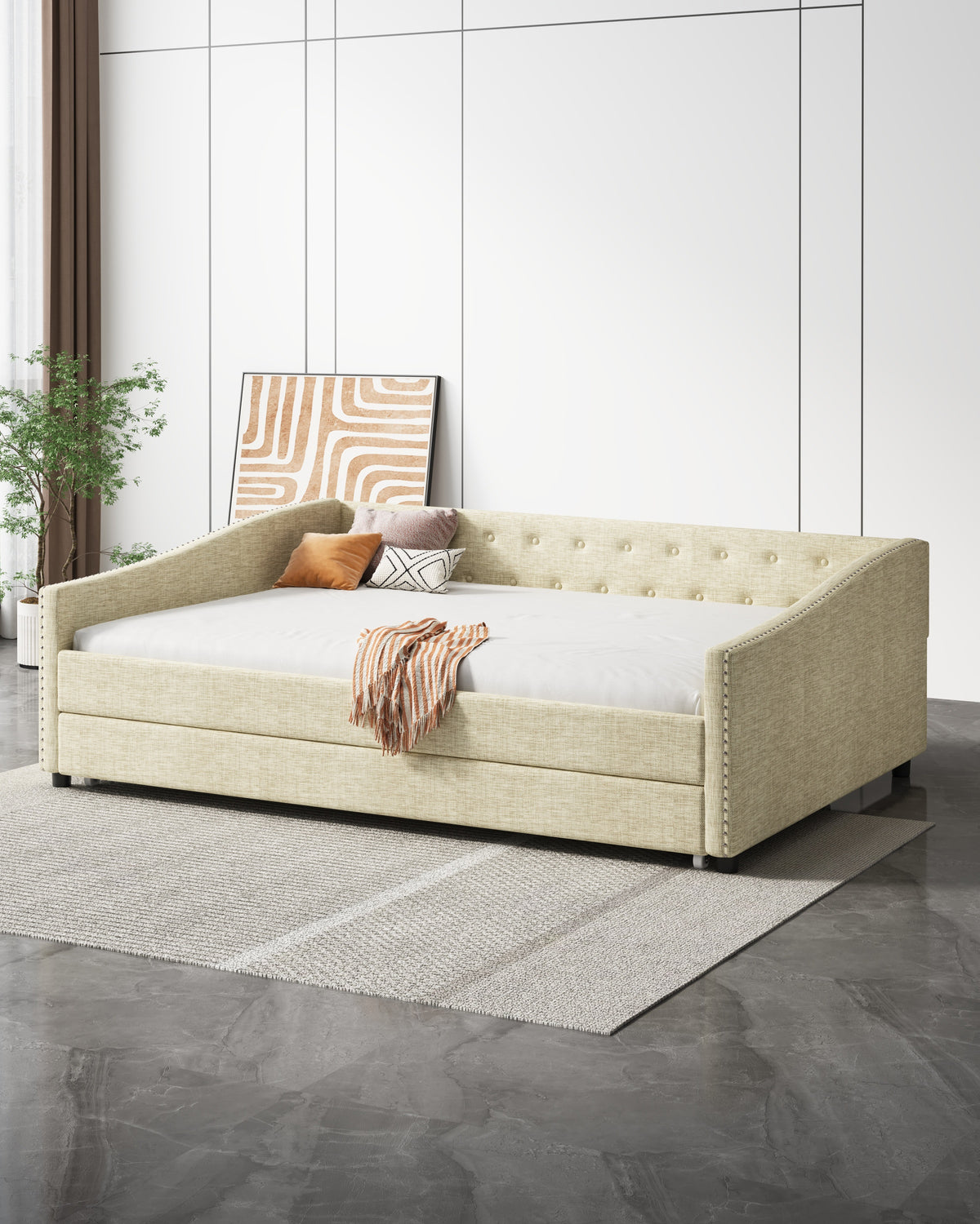 Full Size Daybed with Twin Size Trundle Upholstered Tufted Sofa Bed, with Button on Back and Copper Nail on Waved Shape Arms-Beige W2336S00011-djyc