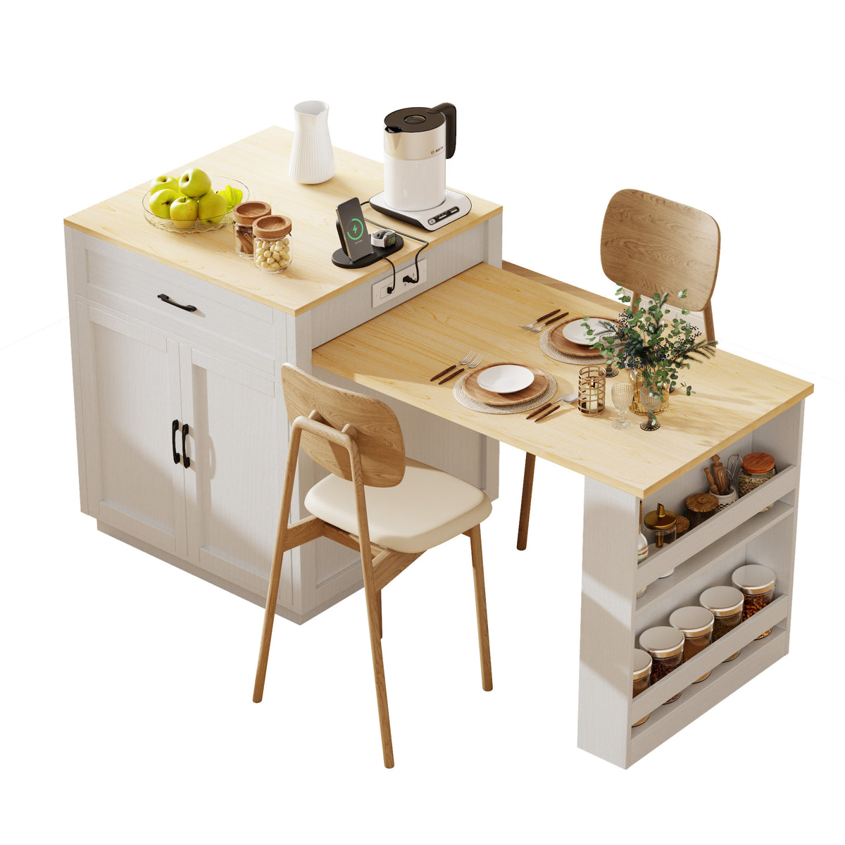 K&K 82.7 inch Kitchen Island with Extendable Dining Table for 4-6 Person,Two-tone Kitchen Table with Double-sized Storage, Power Outlet, Kitchen island with Storage 2 Drawers 2 Side Open Shelves,White N707S000010W-djyc