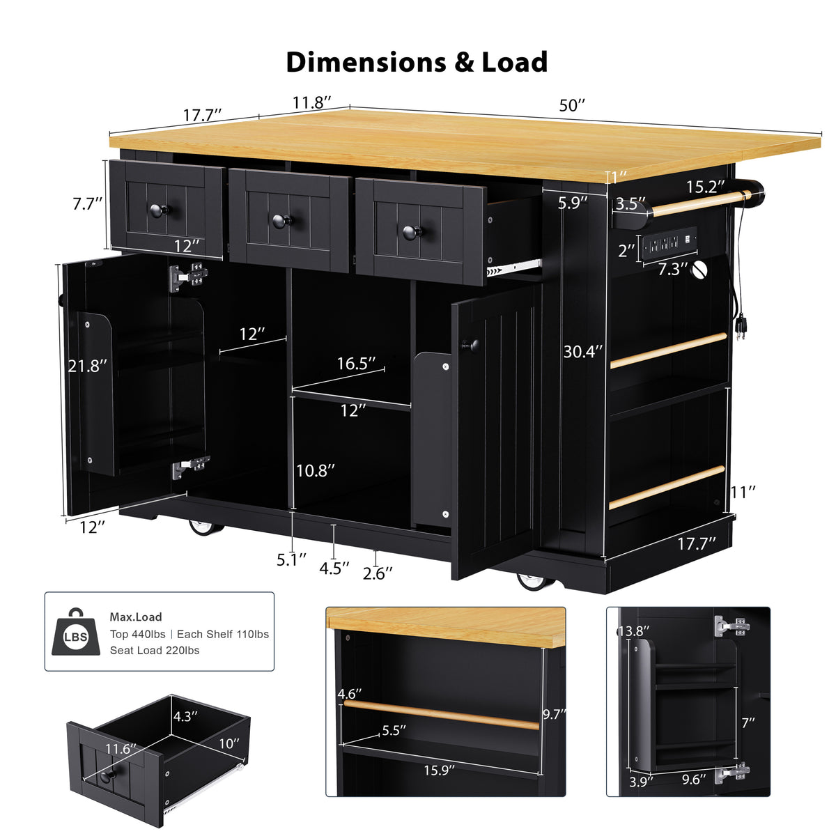 K&K 53inch Large Kitchen Island with Drop Leaf, Power Outlet, Door Internal Storage Rack, Rolling Kitchen Cart on 5 Wheels with 5 Open Side Racks for Kitchen, Dining Room,Black(Not include bar stools) N707P185531B-djyc