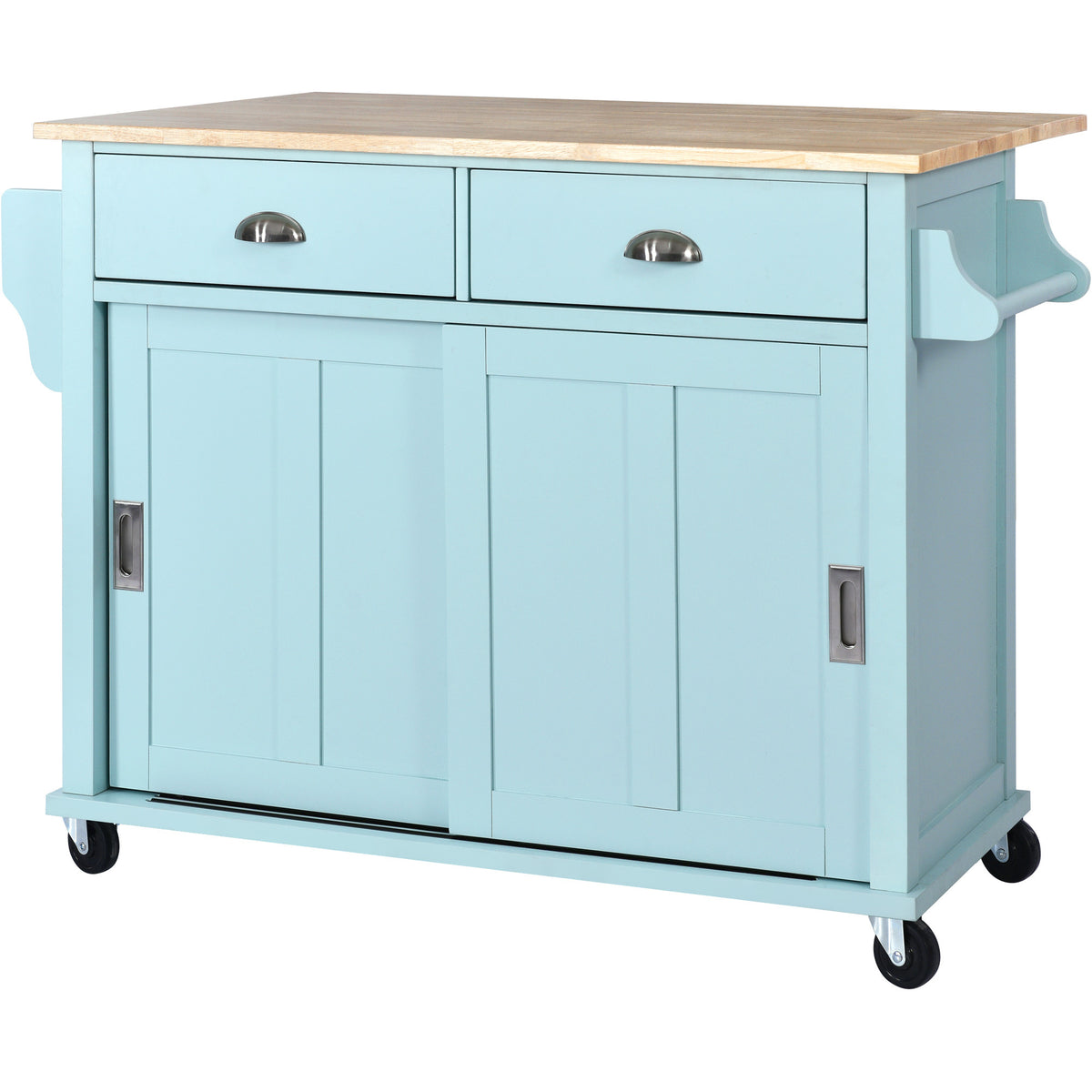 Kitchen Cart with Rubber wood Drop-Leaf Countertop, Concealed sliding barn door adjustable height,Kitchen Island on 4 Wheels with Storage Cabinet and 2 Drawers,L52.2xW30.5xH36.6 inch, Mint Green SK000001AAE-djyc