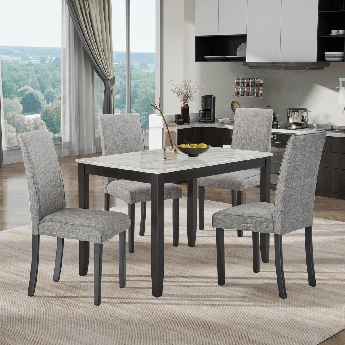 5-Piece Dining Set with Faux Marble Tabletop, Faux Marble dining table set for 4, Modern Wooden Dining Table Set for Kitchen and Dining Room, White +Dark Espresso W1998S00058-djyc