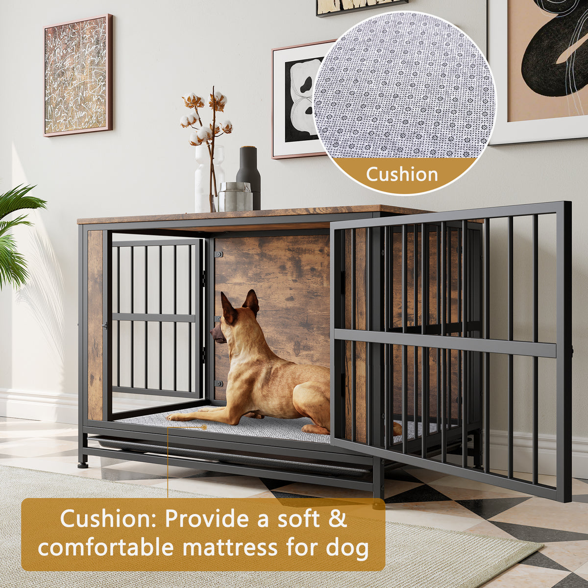 Dog Crate Furniture,Wooden Dog Crate Table, 38.9" Dog Kennel with 2 Sliding Doors and Thick Iron Door Frame, Decorative Pet Crate House for Large/Medium/Small Dog Indoor Use(Rustic Brown) W840P203068-djyc