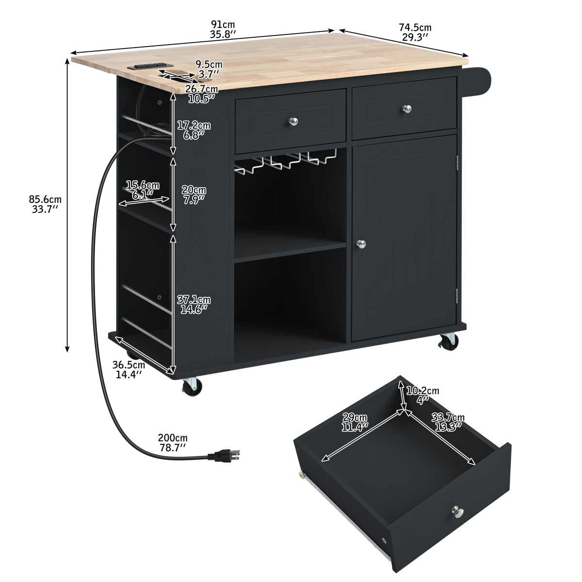 Kitchen Island with Power Outlet,Kitchen Storage Island with Drop Leaf and Rubber Wood,Open Storage and Wine Rack,5 Wheels,with Adjustable Storage for Home, Kitchen, and Dining Room, Black WF305556AAB-djyc