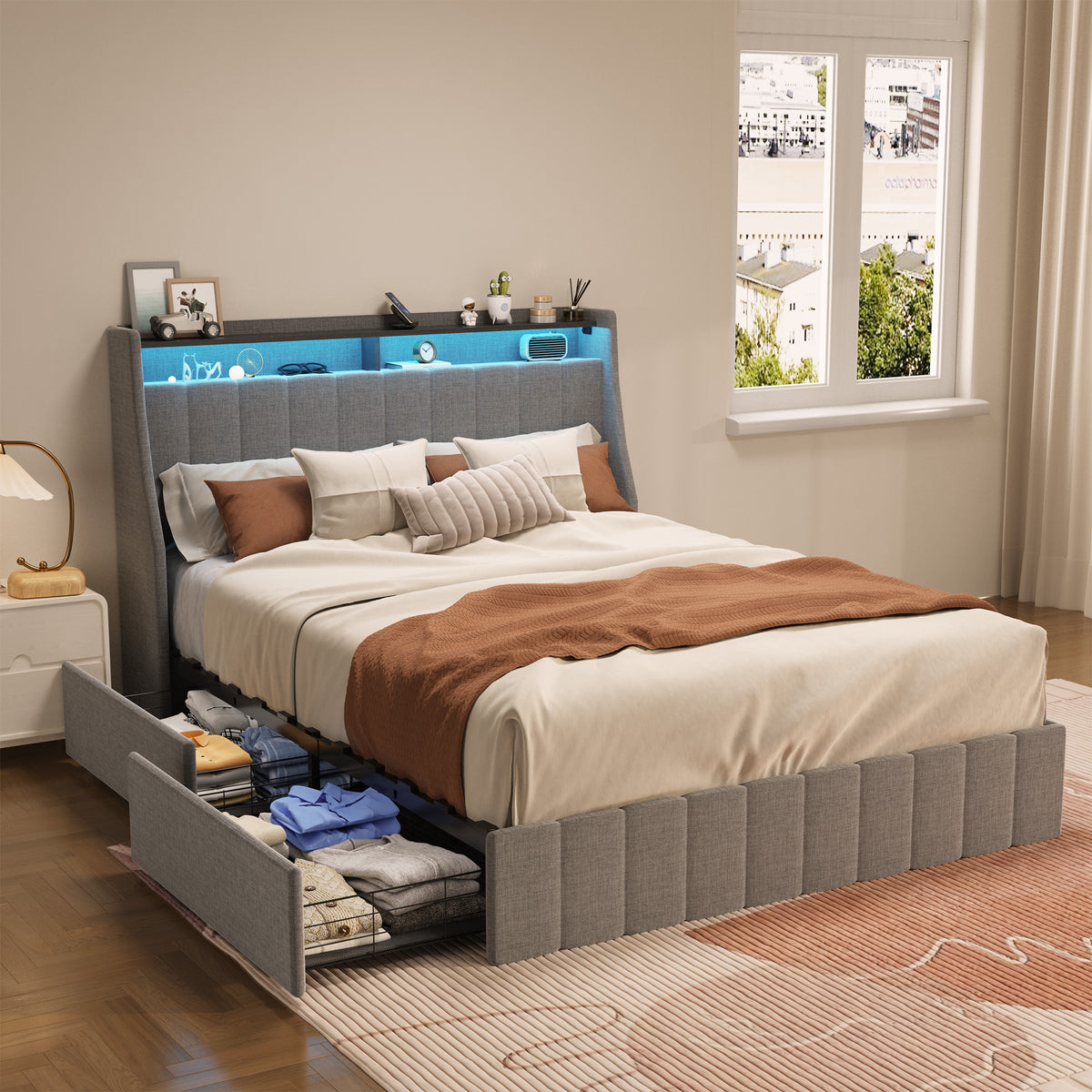 Full Size Bed Frame with LED, 4 Under-bed Portable Storage Drawers, Wings Headboard Design, Light Grey W1960S00001-djyc