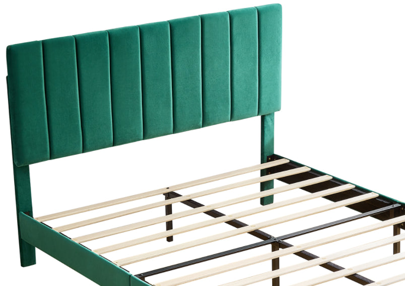 Full Size Frame Platform Bed with Upholstered Headboard and Slat Support, Heavy Duty Mattress Foundation, No Box Spring Required, Easy to Assemble, Green W1793115351-djyc