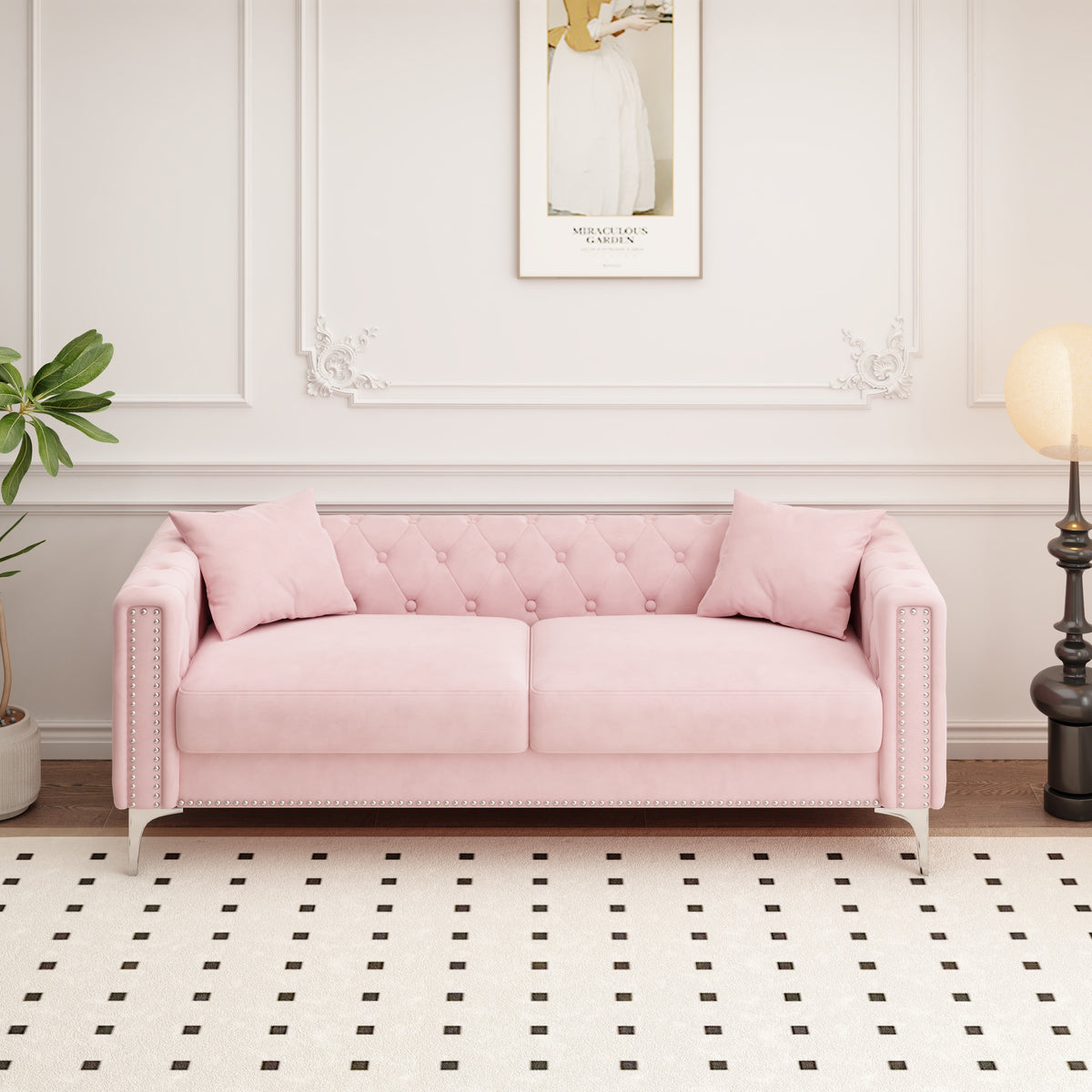 Charming Addition: 83" Pink Velvet Triple Sofa Set with 2 Complimentary Pillows – Ideal for Any Space, Big or Small W1278131612-djyc