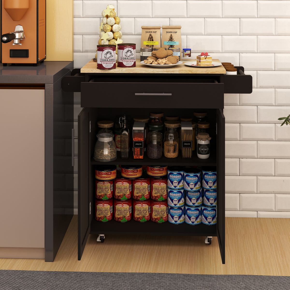 Kitchen island rolling trolley cart with 1 drawer & 2 doors with Adjustable Shelves & towel rack & seasoning rack rubber wood table top - Black W282P184187-djyc