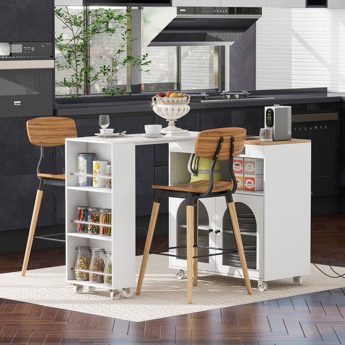 K&K Rolling Kitchen Island With Extended Table, Kitchen island on Wheels with LED Lights,Power Outlets and 2 Fluted Glass Doors, Kitchen Island with a Storage Compartment and Side 3 Open Shelves,White WF316018AAW-djyc