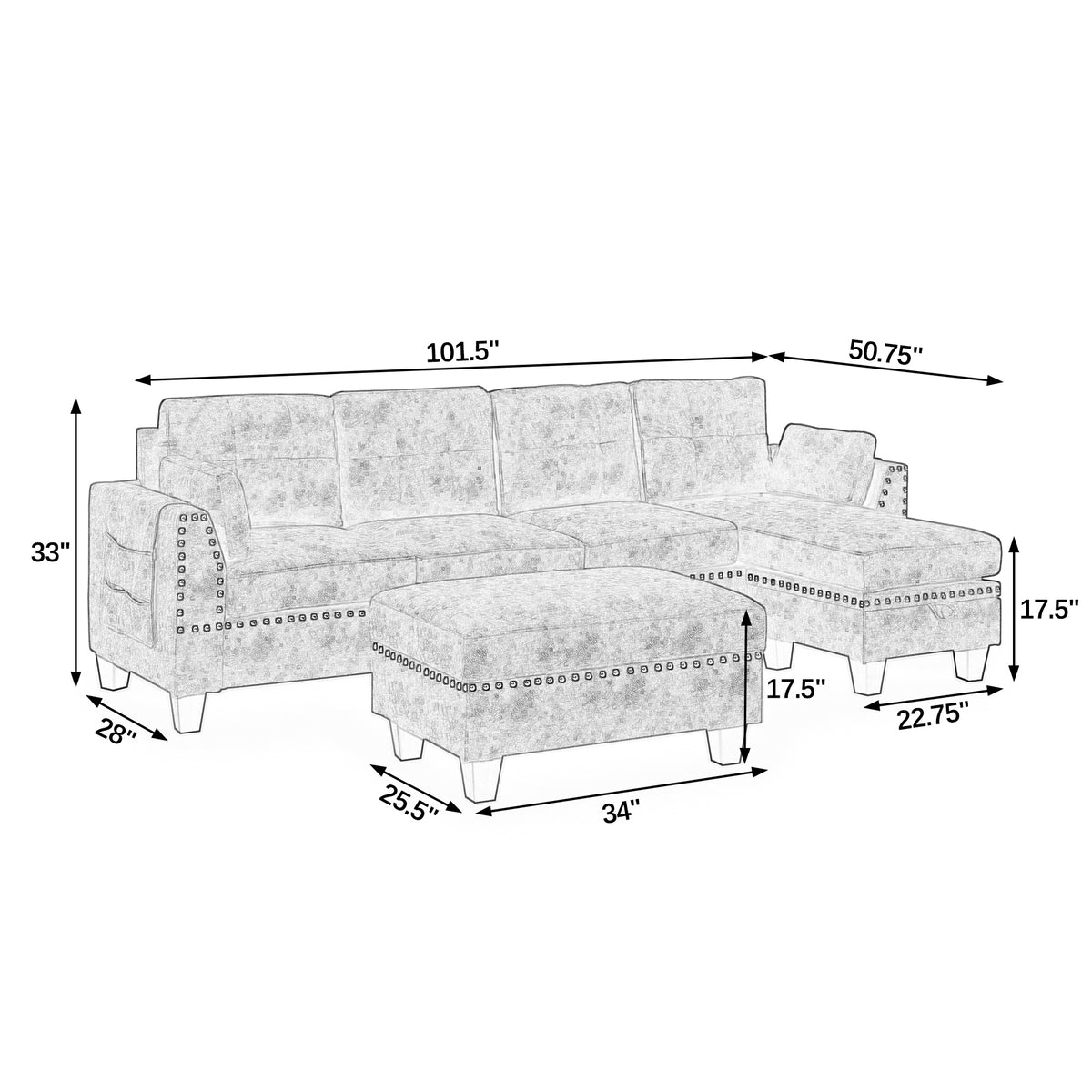 Sectional 3-Seaters Sofa ,Double-sided multi-functional footstool, storage mat , Non-slip leg, two pillows, Velvet, Light grey W487S00237-djyc