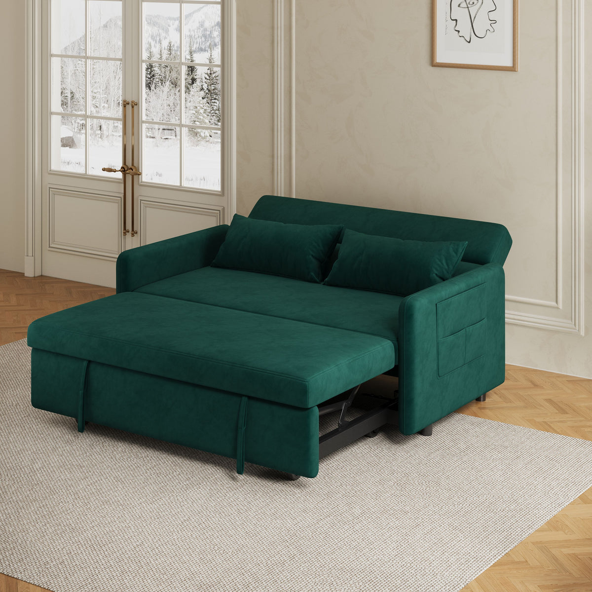 Sofa Pull Out Bed Included Two Pillows 54" Green Velvet Sofa for Small Spaces W1278125092-djyc