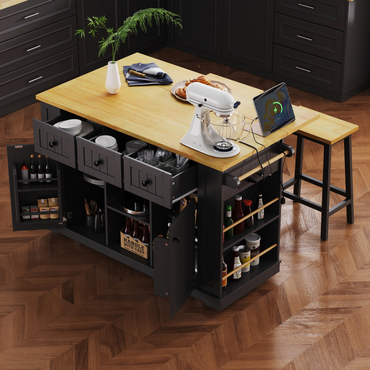 K&K 53inch Large Kitchen Island with Drop Leaf, Power Outlet, Door Internal Storage Rack, Rolling Kitchen Cart on 5 Wheels with 5 Open Side Racks for Kitchen, Dining Room,Black(Not include bar stools) N707P185531B-djyc