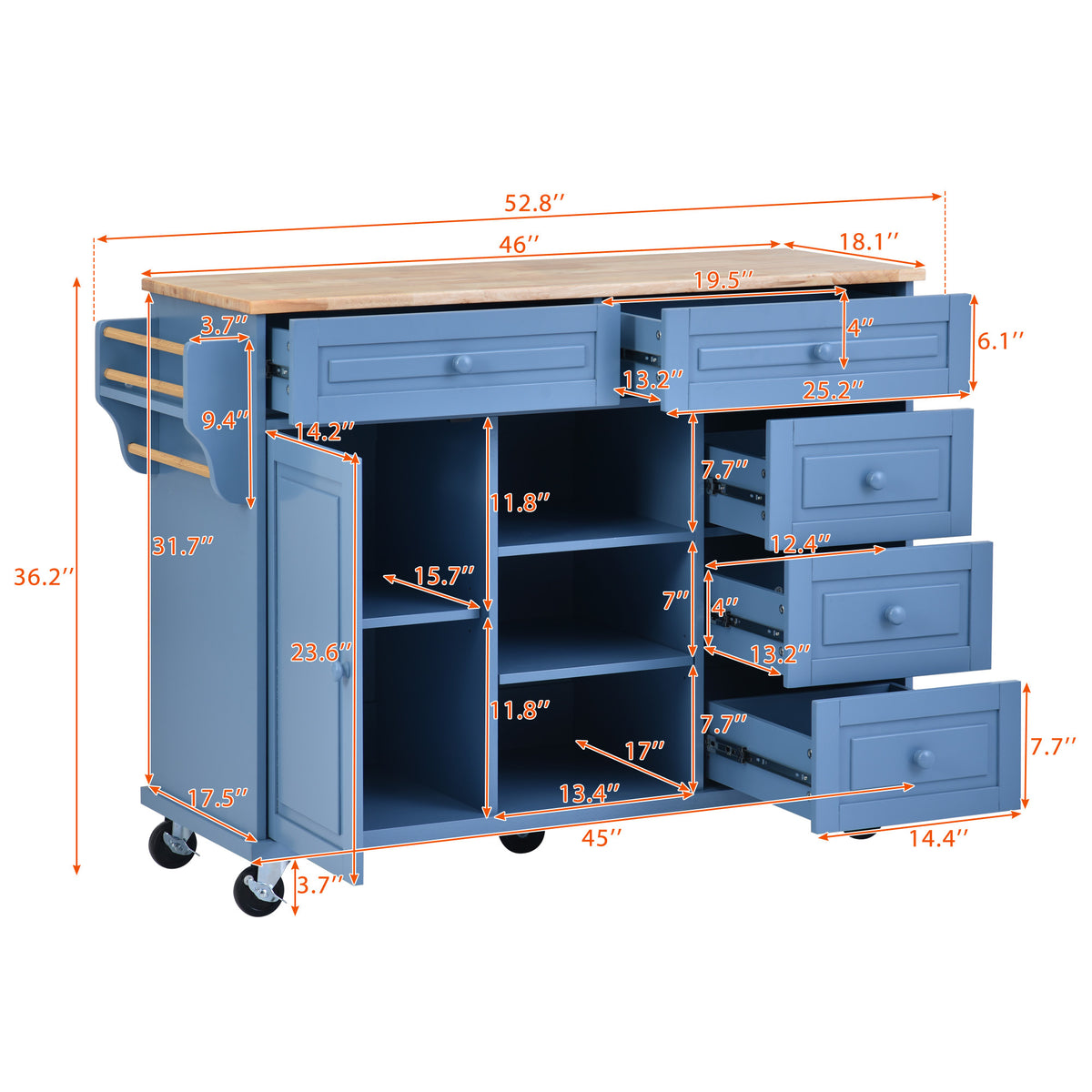 Kitchen cart with Rubber wood desktop rolling mobile kitchen island with storage and 5 draws 53 Inch length (Blue) WF297003AAG-djyc