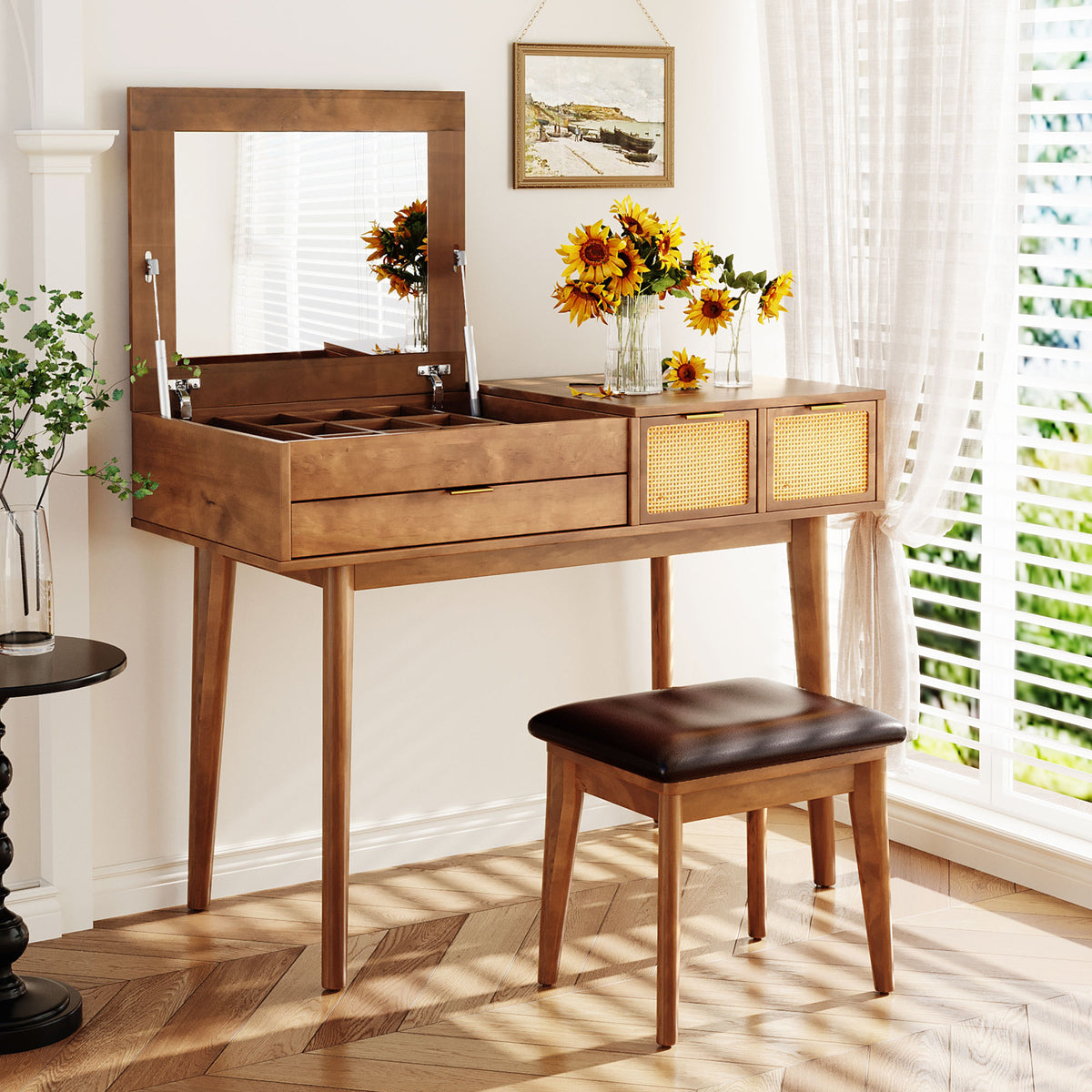 43.3" Classic Wood Makeup Vanity Set with Flip-top Mirror and Stool, Dressing Table with Three Drawers and storage space, Brown N704P165645-djyc