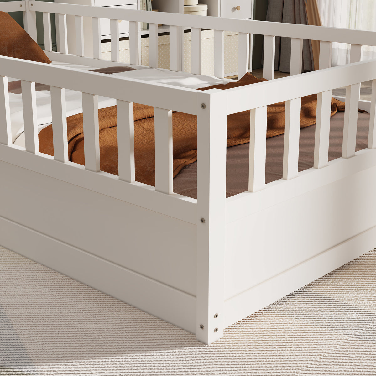 Twin Size Floor bed, integral construction with super high security barrier, door, children's floor bed frame, Montessori wooden children's floor bed, white W1858P164923-djyc