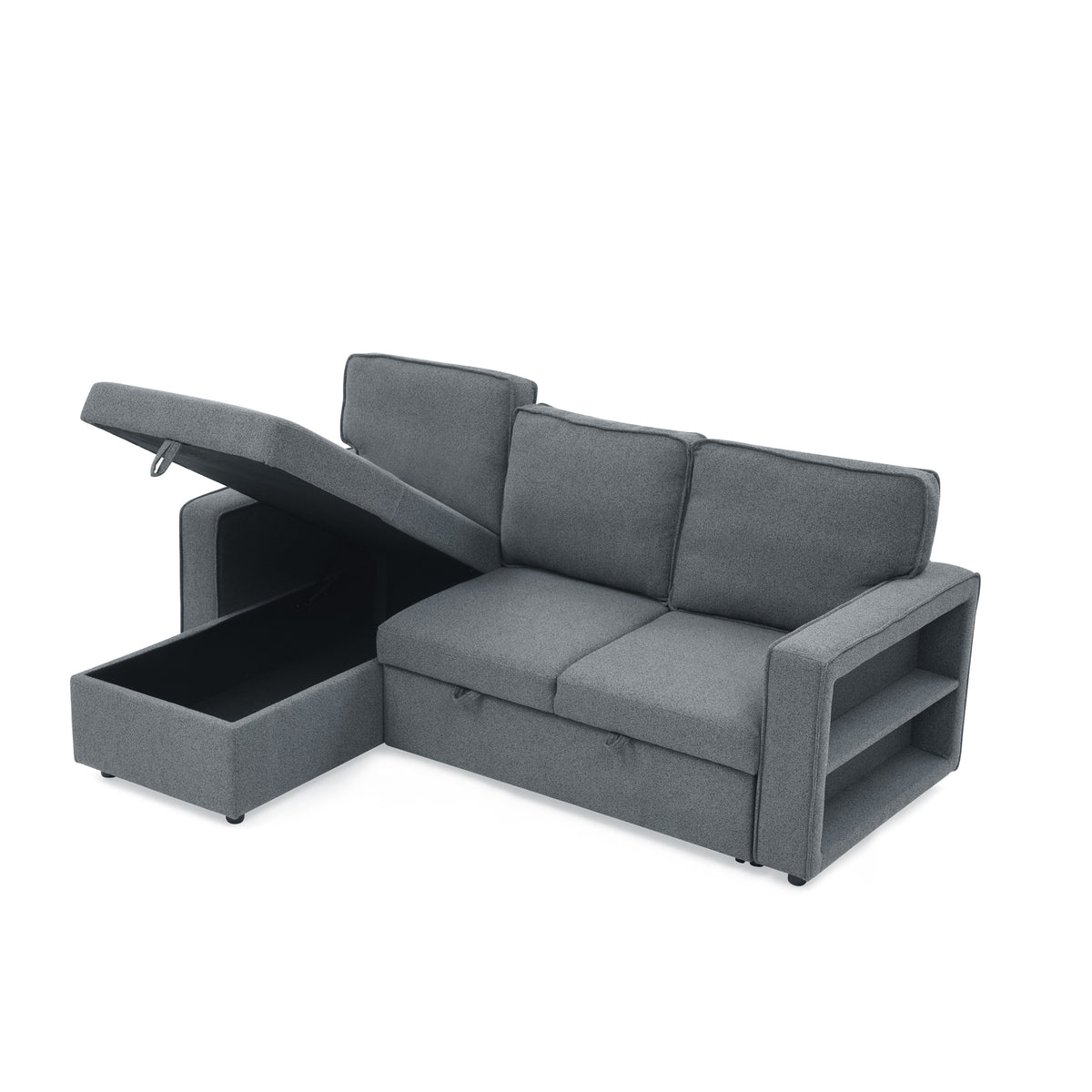 Linen Upholstered Sleeper Sectional Sofa, Shaped Modular Convertible Sofa with Storage Chaise,There are two cup holders in the middle and USB multi-interface function,Pull Out Sleep Couch Bed ,Grey W487S00245-djyc