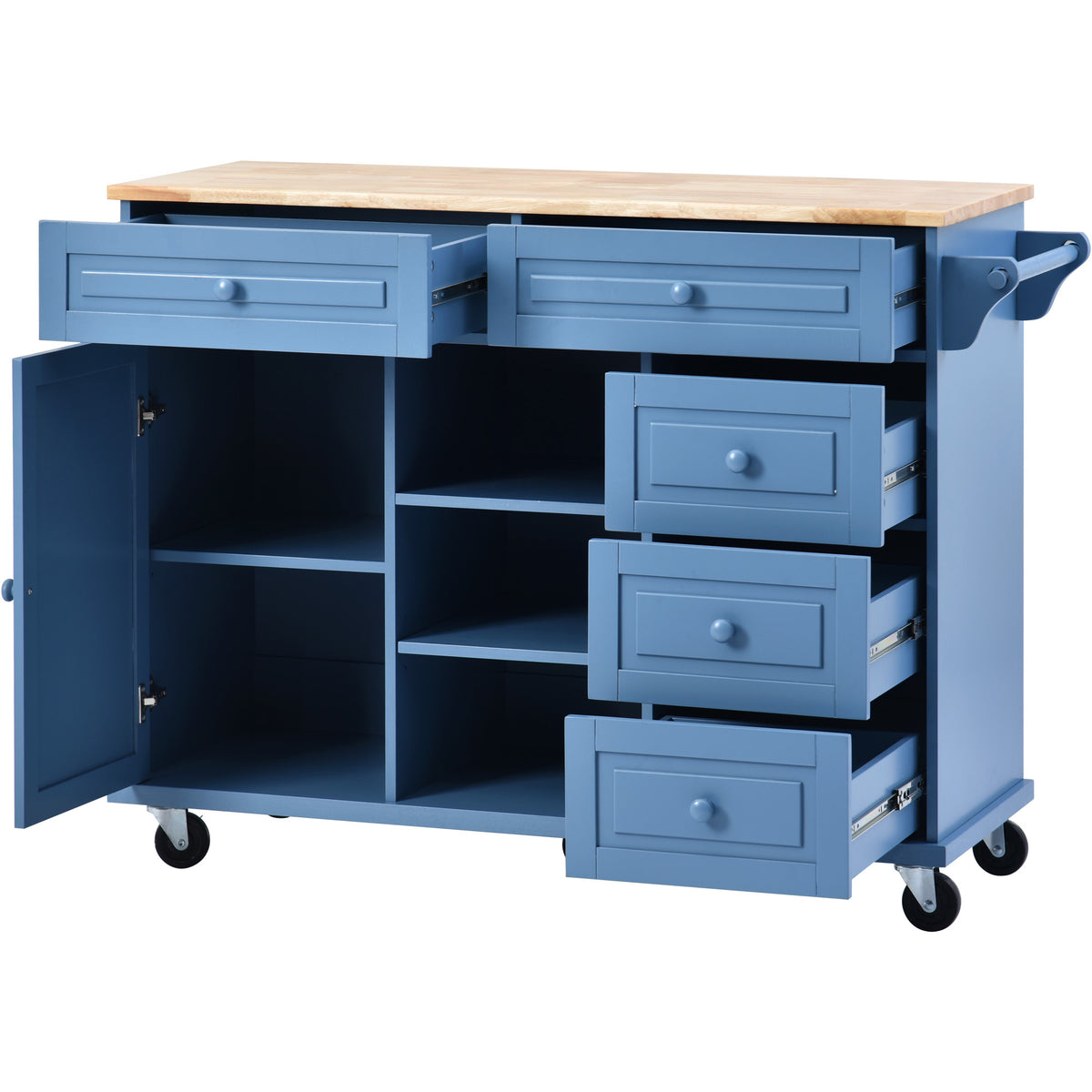 Kitchen cart with Rubber wood desktop rolling mobile kitchen island with storage and 5 draws 53 Inch length (Blue) WF297003AAG-djyc