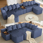 [NEW ARRIVED] [VIDEO PROVIDED] 137.5' U ShapedSofa , USB & Wireless Charge, Coffee Table Board With a Cup Holder, Oversize Movable Modular Sofa,Movable Footstool,No Assembly,6 Seats,Corduroy,Blue-W2108S00177