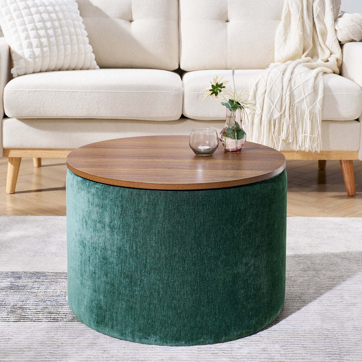 2-Piece Set Round Chenille Storage Ottoman, Equipped with a Drum Shaped Small Stool, Storage Space, and MDF Made Desktop Panel (Dark Green23.62"x23.62"x16.53") W487P179603-djyc