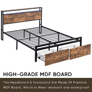 Full Size Bed Frame with Storage Headboard and 2 Drawers, LED Lights Bed with Charging Station, Metal Platform Bed No Noise, Mattress Foundation Strong Metal Slats Support No Box Spring Needed W1916126252-djyc