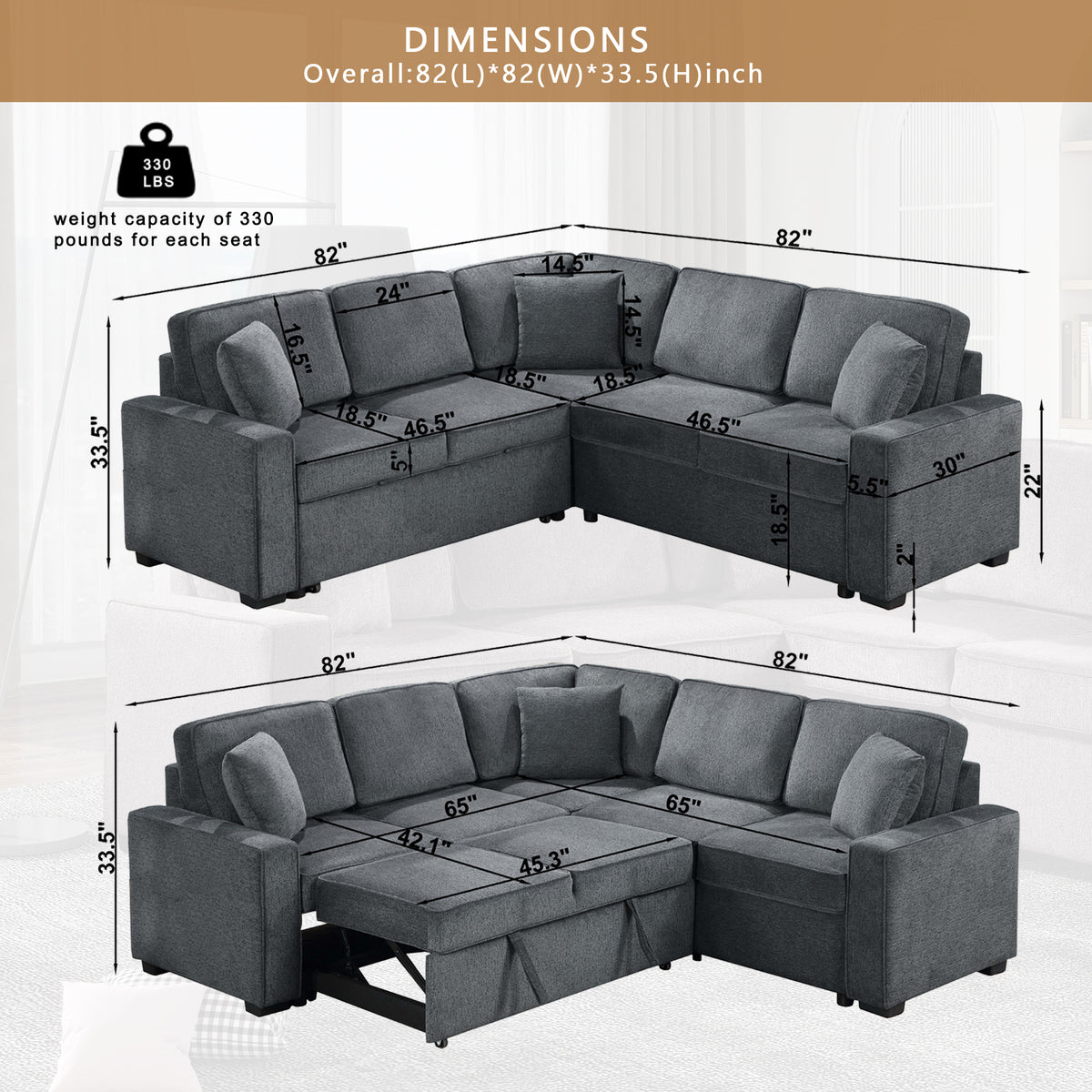 Modular Sofa, Sectional Couch L Shaped Sofa Couch with Pullout Sleeper, 5 Seat Chenille Corner Sofa for Living Room, 3 Pillows Included, Dark Gray W1998S00052-djyc