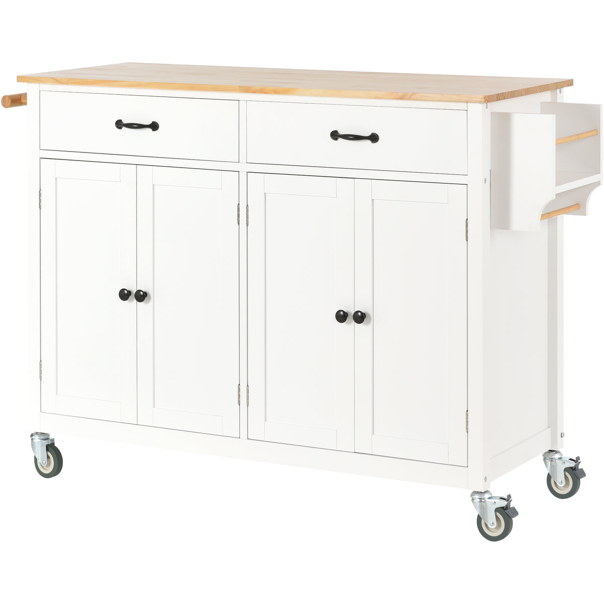 Kitchen Island Cart with Solid Wood Top and Locking Wheels,54.3 Inch Width,4 Door Cabinet and Two Drawers,Spice Rack, Towel Rack (White) WF286911AAW-djyc