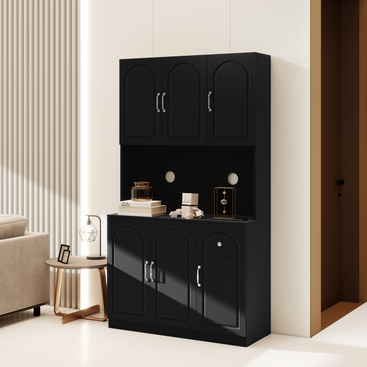 71" Kitchen Pantry Storage Cabinet with Microwave Oven Countertop, Freestanding Hutch Cabinet with Adjustable Shelves, 6 Doors and 1 Drawer-Black W282P170918-djyc