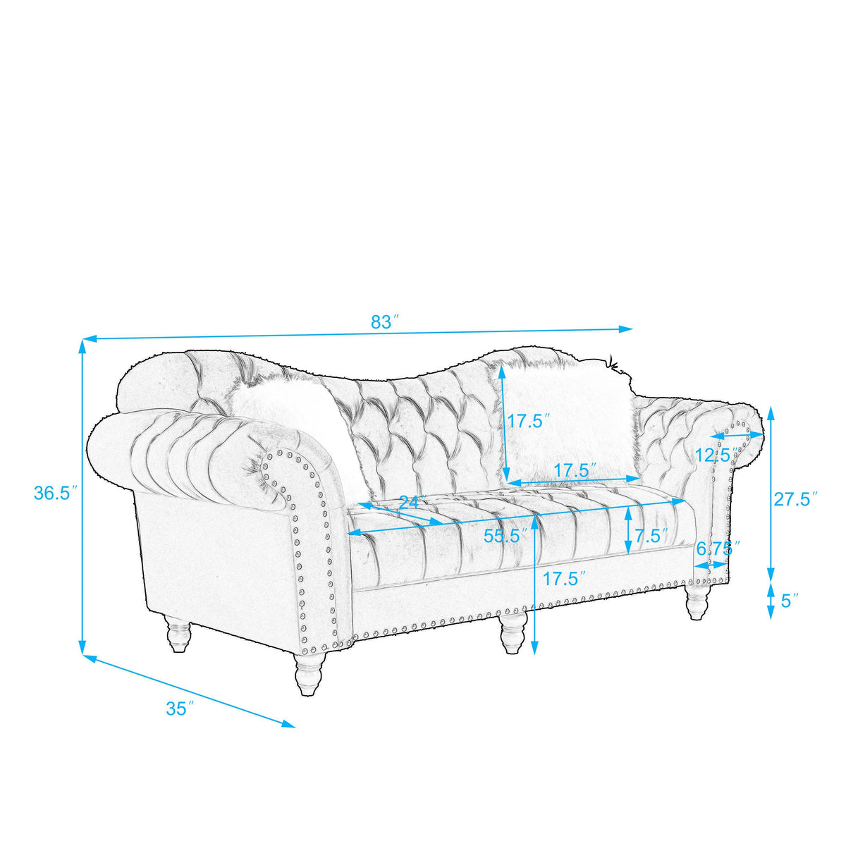 3 Piece Living Room Sofa Set, including 3-Seater Sofa, Loveseat and Sofa Chair, with Button and Copper Nail on Arms and Back, Five White Villose Pillow, Blue. W487S00051-djyc