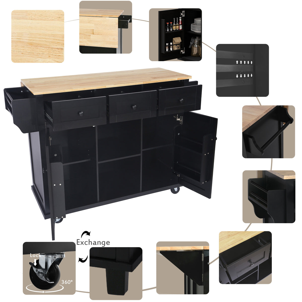 Kitchen Cart with Rubber wood Drop-Leaf Countertop ,Cabinet door internal storage racks,Kitchen Island on 5 Wheels with Storage Cabinet and 3 Drawers for Dinning Room, Black WF298028AAB-djyc