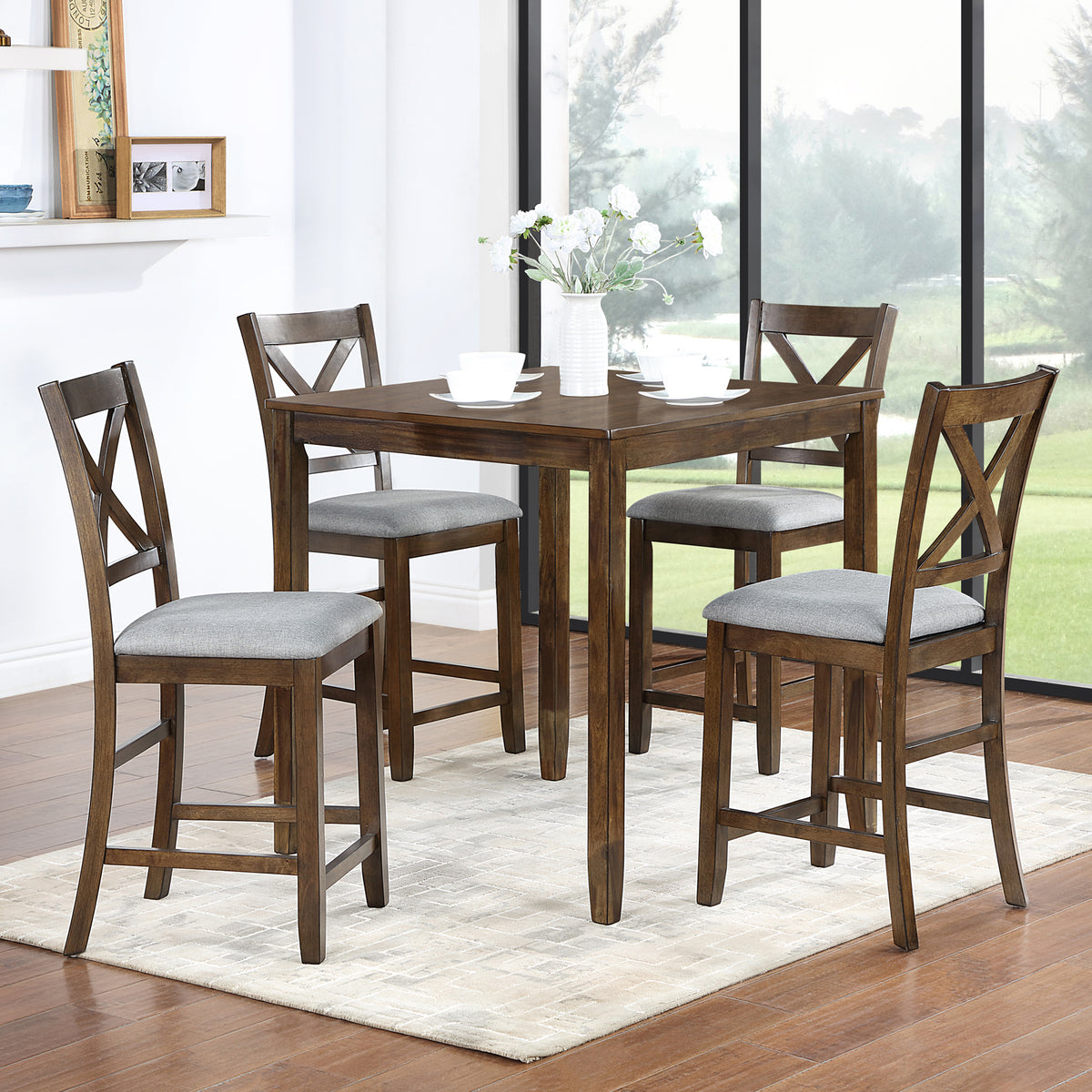 5 Piece Dining Table Set, Wooden Dining Square Table Set for 4, Counter Height Kitchen Table Set with Square Table and 4 Upholstered Chairs for Small Space, Walnut W1998S00032-djyc