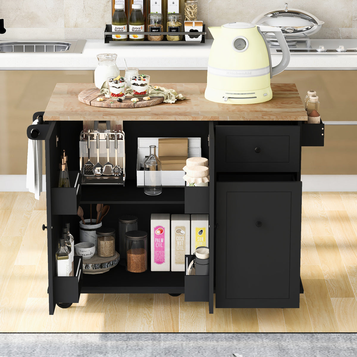 Kitchen Island with Drop Leaf, 53.9" Width Rolling Kitchen Cart on Wheels with Internal Storage Rack and 3 Tier Pull Out Cabinet Organizer, Kitchen Storage Cart with Spice Rack, Towel Rack (Black) WF312383AAB-djyc