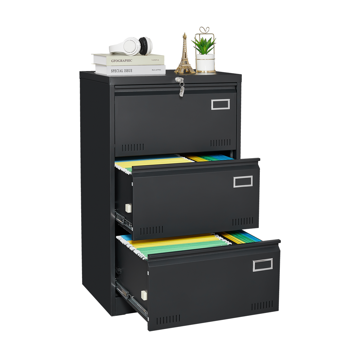 Filing Cabinet Lateral File Cabinet 3 Drawer, Blcak Locking Metal File Cabinets Three Drawer, Office Filing Cabinet with Lock Drawers for Home Office/Legal/Letter/A4/F4 W1247118742-djyc