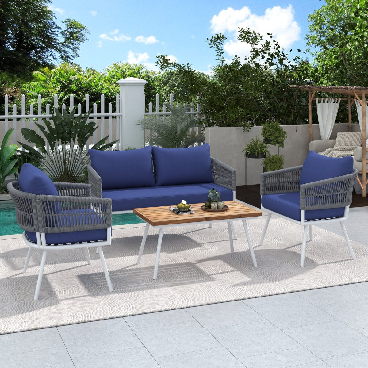 K&K 4-Piece Boho Rope Patio Furniture Set, Outdoor Furniture with Acacia Wood Table, Patio Conversation Set with Deep Seating & Thick Cushion for Backyard Porch Balcony, Navy Blue SK000004AAE-djyc